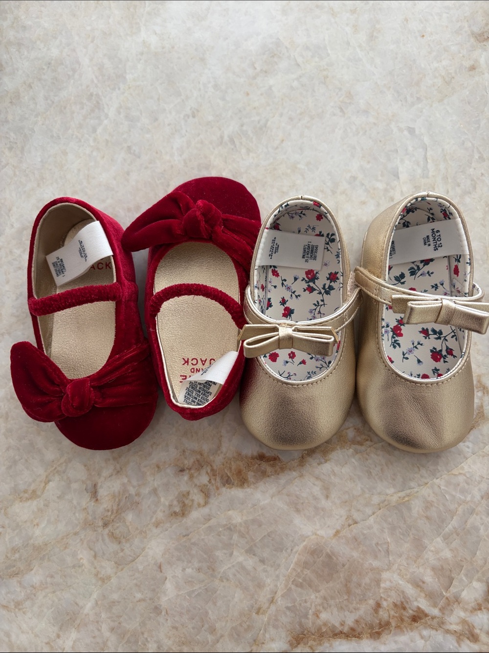 Janie and Jack Red Velvet & Metallic Gold Baby Mary Jane Shoes with Bows